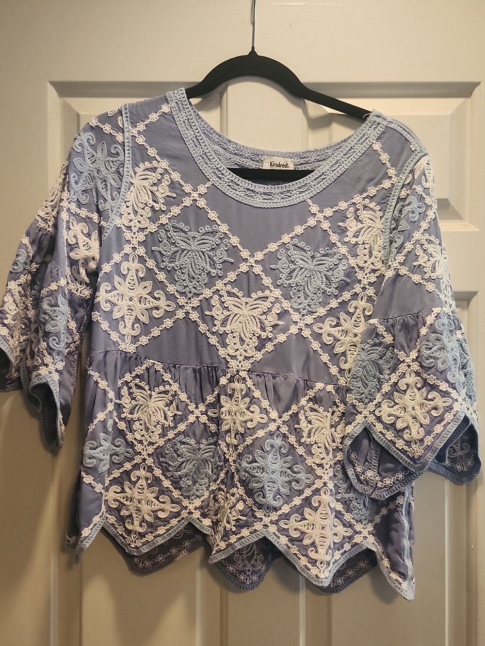 Blue Lace Embroidered Peasant Top